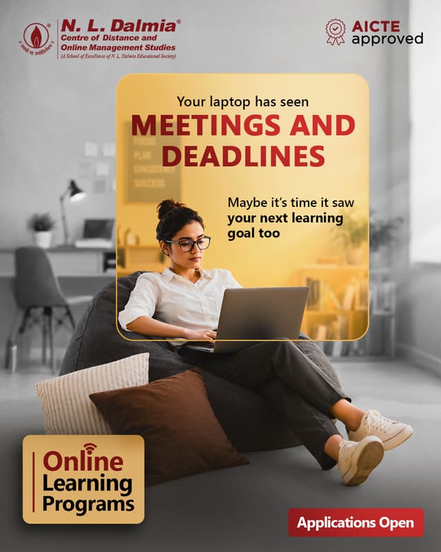 Your laptop has handled the meetings.
Now let it help you build new skills.

Learn at your own pace and take the next step towards your career goals with AICTE-approved Online Learning Programs from N. L. Dalmia.

Applications are now open. Know more – Link in bio.
.
.
.
.
.
#NLDalmia #NLDIMSR #OnlineLearning #AICTEApproved #DistanceLearning #CareerGrowth #Upskill #ProfessionalDevelopment #FlexibleLearning #HigherEducation #ManagementEducation #LifelongLearning #FutureReady #OnlineEducation #AdmissionsOpen