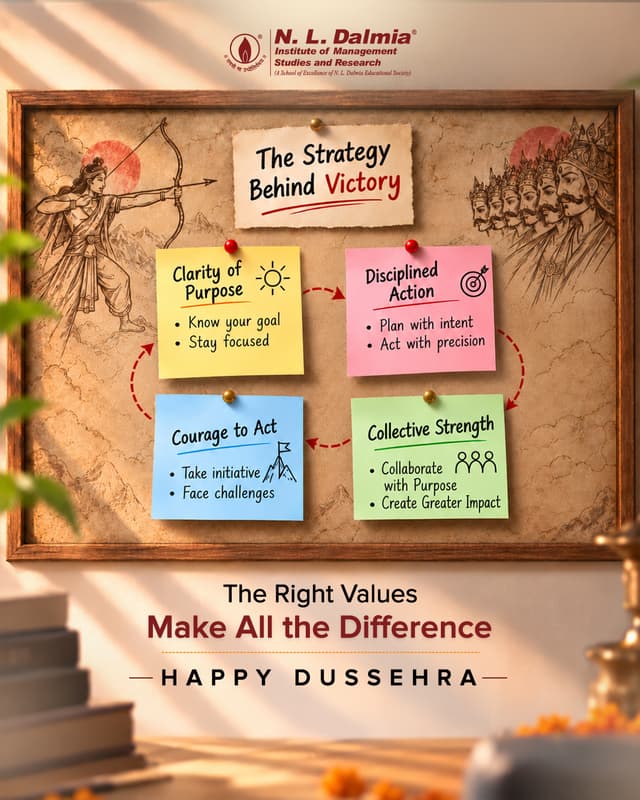 Every great victory starts with a clear vision and the determination to turn it into reality.

This Dussehra, take inspiration from the power of strategic thinking, decisive action, teamwork and resilience. 

N. L. Dalmia wishes you a Happy Dussehra! 
.
.
.
#NLDalmia #NLDIMSR #HappyDussehra #Dussehra2026 #Vijayadashami #FestivalOfVictory #StrategicThinking #Leadership #Teamwork #Resilience #DecisiveAction #CollectiveStrength #FutureLeaders #ManagementEducation #LeadershipDevelopment #PurposeDrivenLeadership #ValuesDrivenLeadership #LeadWithPurpose #VictoryOfGoodOverEvil #IndianFestivals