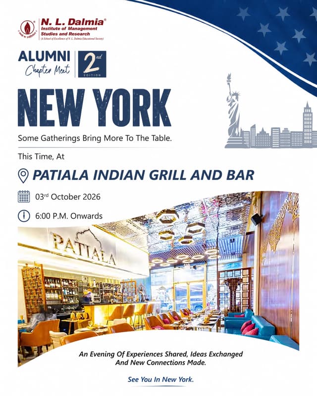 New York, we’ve found our place for the evening. 

Some introductions begin on campus. Others happen years later, when the same alumni community finds itself in the same city. This October makes room for both — the people you already know and those you are yet to meet.

The 2nd Alumni Chapter Meet heads to Patiala Indian Grill & Bar for an evening over dinner with Dalmians across batches.

🗓️ 03rd October 2026
🕕 6:00 P.M. Onwards
📍 Patiala Indian Grill & Bar

New York Dalmians, your Saturday evening has a place to be.
Register through the link in our bio.

#NLDalmia #NLDIMSR #DalmianConnect #AlumniChapterMeet #NewYorkAlumni #NewYorkChapter #NLDalmiaAlumni #AlumniNetworking