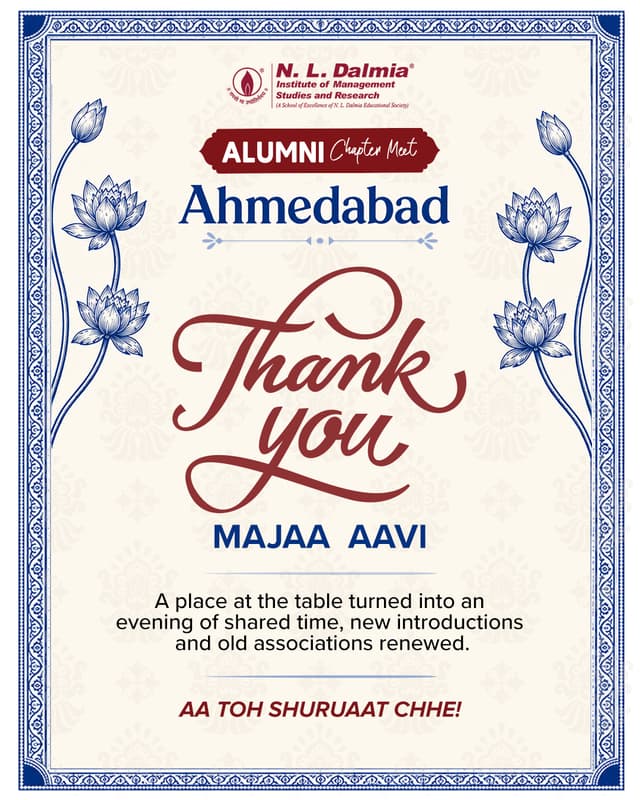 Majaa aavi, Ahmedabad! 💙

The first one had to be special — and it was.

An evening that brought Dalmians in the city together, made room for new introductions and renewed associations that go back years.

To everyone who joined and made the first Ahmedabad Alumni Chapter Meet what it was — thank you for being there.

Aa toh shuruaat chhe!
.
.
.
.
#NLDIMSR #NLDAlumni #AhmedabadAlumni #AlumniChapterMeet #NLDIMSRAlumni #DalmianCommunity #DalmianSpirit #AlumniConnect #Ahmedabad #NLDAlumniMeet