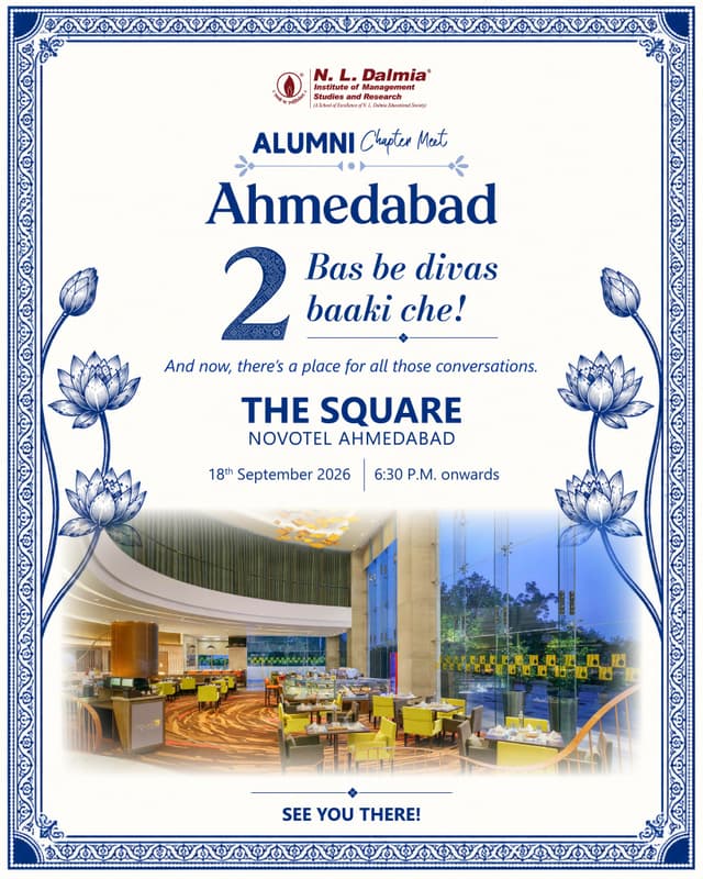 Bas be divas baaki, Ahmedabad! 💙
The place is set. There’s just one name missing from the table — yours.

Two days from now, alumni from different batches and professional journeys will come together under one roof. There’ll be familiar names to catch up with, new ones to know and introductions that could turn into valuable connections beyond the evening. 

This Friday, it all comes together at:
📍 The Square, Novotel Ahmedabad
🗓️ 18th September 2026
🕡 6:30 P.M. onwards

If you haven’t saved your place yet, now’s the time.
Register through the link in bio.

#NLDalmia #NLDIMSR #AlumniChapterMeet #AhmedabadChapter #AhmedabadAlumni #AlumniNetwork #Networking