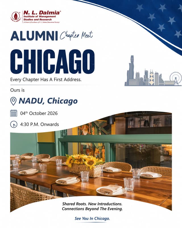 Chicago, there’s a first time for everything. 

This October marks a new beginning for the N. L. Dalmia community in the city as the Alumni Chapter Meet arrives in Chicago for the very first time.

Different batches, different careers and plenty that has happened since campus — all coming together under one roof, with new introductions adding something more to the occasion.

🗓️ 04th October 2026
🕓 4:30 P.M. onwards
📍 NADU, Chicago
https://share.google/kIuuf7lj30EBQ5lXU

Be part of where this chapter begins.
Register through the link in our bio.

#NLDalmia #NLDIMSR #DalmianConnect #AlumniChapterMeet #ChicagoAlumni #ChicagoChapter #NLDalmiaAlumni #AlumniNetworking