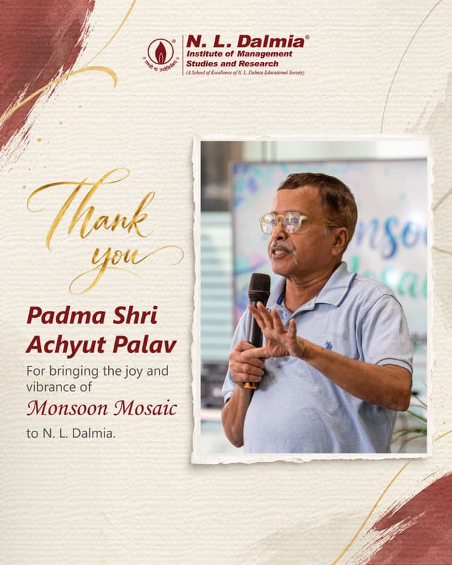 When creativity becomes an experience, it leaves more than an impression.

Founder’s Day at N. L. Dalmia took a creative turn with Monsoon Mosaic, an artistic session led by Padma Shri Achyut Palav that brought the N. L. Dalmia community together through colour, expression and creativity.

Designed as a refreshing pause from the everyday, the session offered the simple joy of creating something by hand. Umbrellas became canvases, ideas took shape in colour, and an artistic activity evolved into a shared moment of spontaneity and connection.

A day that made space for creativity, connection and the joy of creating together.

#NLDalmia #NLDIMSR #MonsoonMosaic #FoundersDay #CampusCulture #CreativeExpression