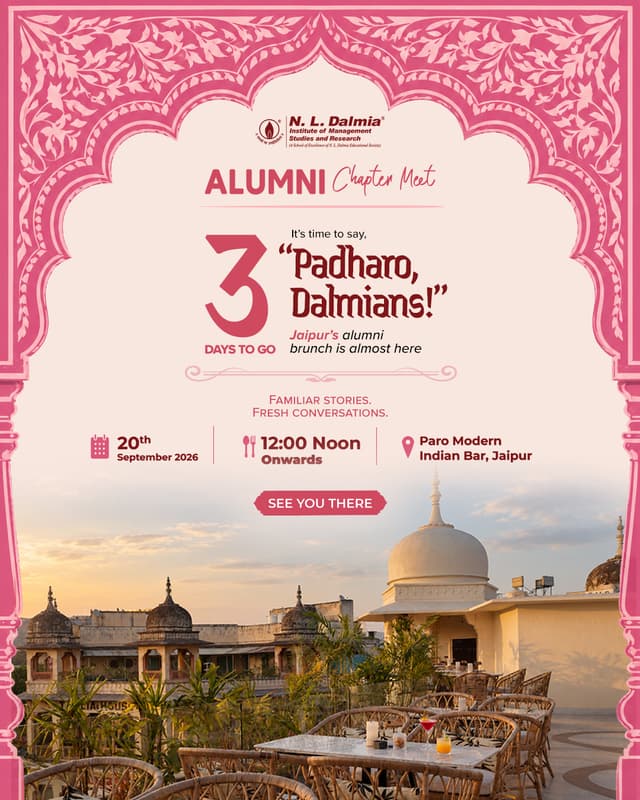 Jaipur Dalmians, shall we save you a seat? 💗

This Sunday, the table brings together NLDIMSR alumni from across batches and professions — some paths may have crossed before, others may cross for the first time.
Come over for brunch, catch up with fellow Dalmians, meet someone new and make your Sunday afternoon one to remember.

📍 Paro Modern Indian Bar, Jaipur 
🗓️ 20th September 2026
 🕧 12:00 noon onwards

Padharo, Dalmians! Jaipur is ready for you.
Haven’t registered yet? The link is in bio.

#NLDalmia #NLDIMSR #AlumniChapterMeet #JaipurChapter #JaipurAlumni #AlumniNetwork #Networking
