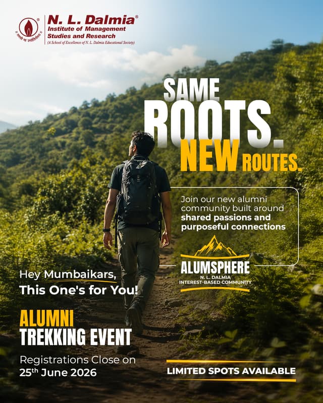 The trail is new. The bond is familiar.
Alumsphere invites Mumbai-based alumni to step outdoors, embrace the journey and experience a different kind of alumni engagement—one built around shared passions, fresh experiences and unforgettable moments.
Registrations close on 25th June 2026.
Limited spots available. Register now – Link in bio.
.
.
.
#Alumsphere #NLDAlumni #MumbaiAlumni #AlumniTrek #TrekkingCommunity #TrailTogether #AdventureWithPurpose #BeyondTheBoardroom #OutdoorConnections #SharedPassions #AlumniEngagement #ExploreTogether #CommunityBeyondCampus #NLDalmia #NLDIMSR
( Alumsphere, Alumni Trek, Mumbai Alumni, Alumni Community, Trekking Event, Outdoor Networking, Shared Passions, Alumni Engagement, Community Building, Adventure Experience, Meaningful Connections, N. L. Dalmia Alumni, Mumbai Trekking, Alumni Activities, Explore Together )
