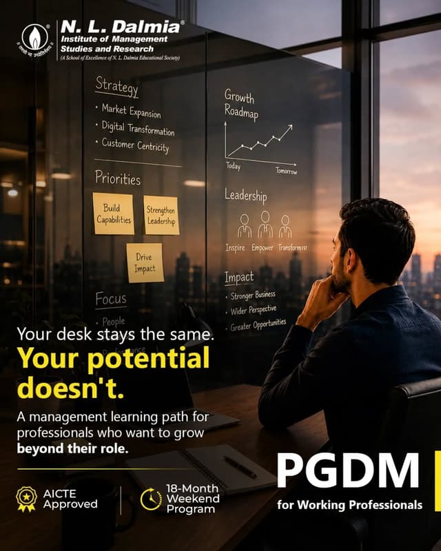 Every day at work brings new challenges.
The question is—are you growing with them?
With N. L. Dalmia's PGDM for Working Professionals, continue building your career while developing the strategic mindset, leadership capabilities and business knowledge needed for what's next.
Your desk may stay the same.
Your potential doesn't have to.
To know more about the program, visit the link in our bio.
.
.
.
#AdmissionsOpen #PGDM #Working Professionals #ExecutiveEducation #CareerGrowth Upskilling ManagementEducation WeekendLearning ProfessionalDevelopment FutureLeaders BusinessEducation NLDalmia HigherEducation Lifelong Learning CareerAdvancement
(PGDM for Working Professionals, Executive PGDM, Weekend MBA Alternative, Career Growth, Upskilling, Professional Development, Management Education, Working Professionals Program, Business School, Leadership Development, Flexible Learning, Career Advancement, N. L. Dalmia, Higher Education, Management Studies)