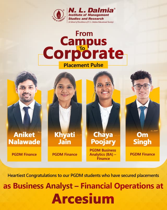 Congratulations to our PGDM students, Aniket Nalawade, Khyati Jain, Chaya Poojary and Om Singh on securing placements as Business Analyst – Financial Operations at Arcesium.
This achievement marks a significant milestone in their journey from campus to corporate and reflects their analytical acumen, perseverance and commitment to excellence.
We wish them continued success as they embark on this exciting professional chapter and make a meaningful impact in the world of finance and business analytics.
#NLDalmia #NLDIMSR #CampusToCorporate #PGDMPlacements #Arcesium #BusinessAnalyst #FinancialOperations #PGDMFinance #PlacementSuccess #CareerMilestone #StudentSuccess #ProfessionalGrowth