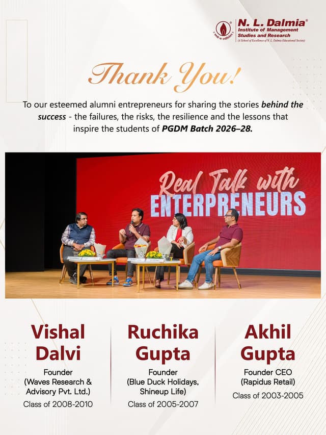 Behind every success story is a journey of learning.
As part of Induction Program 2026–28, our alumni entrepreneurs shared powerful lessons on turning challenges into opportunities and ideas into impact.
Swipe through to discover five key insights from Start Smart: Real Talks with Entrepreneurs.
Thank you Vishal Dalvi, Ruchika Gupta & Akhil Gupta for inspiring the next generation of leaders.
.
.
.
.
#NLDalmia #NLDIMSR #InductionProgram2026 #StartSmart #AlumniEntrepreneurs #Entrepreneurship #EntrepreneurialJourney #AlumniConnect #LeadershipInsights #LearningBeyondClassroom #FutureLeaders #StartupMindset #BusinessLeadership #IndustryInsights #Innovation #IdeasToImpact #NextGenLeaders #ManagementEducation #StudentDevelopment #RealTalks